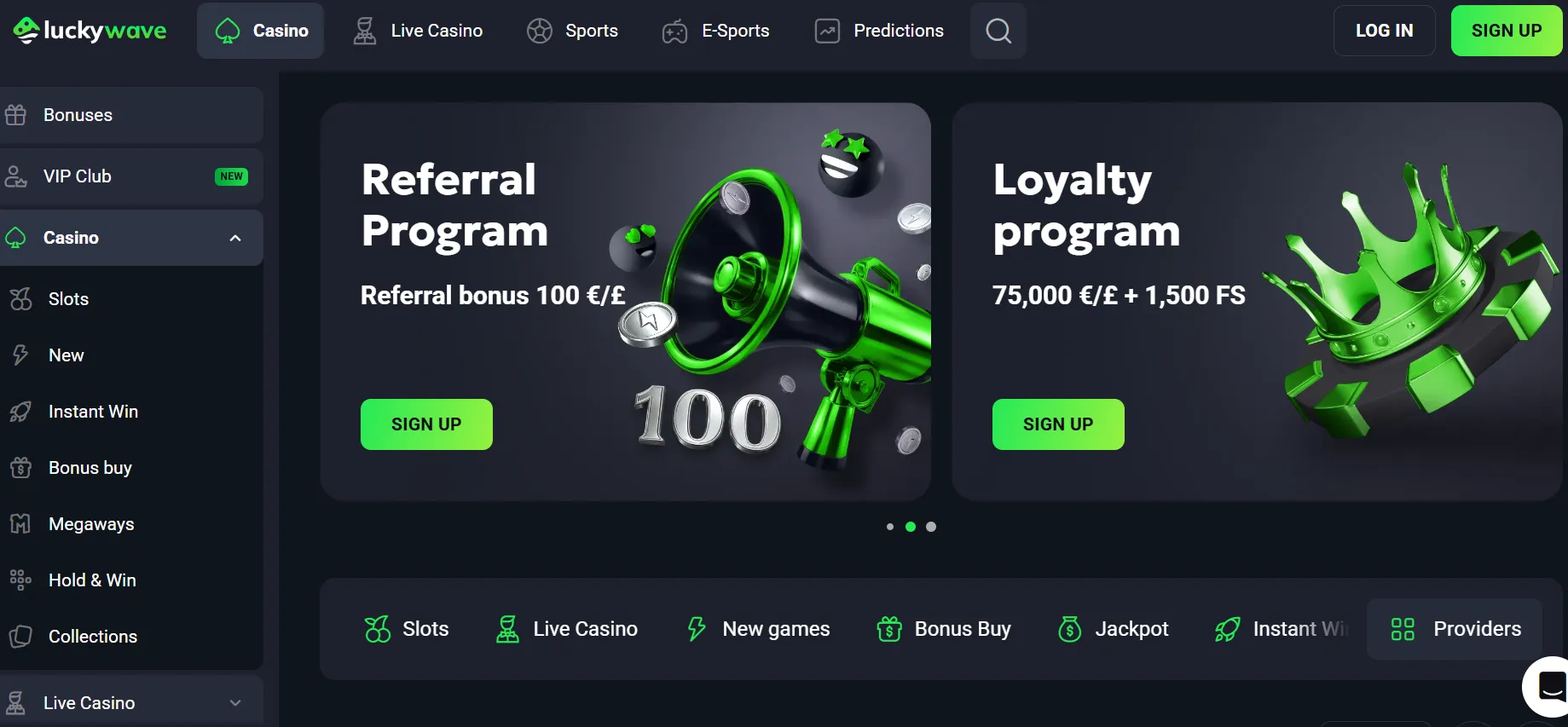 LuckyWave Casino homepage interface